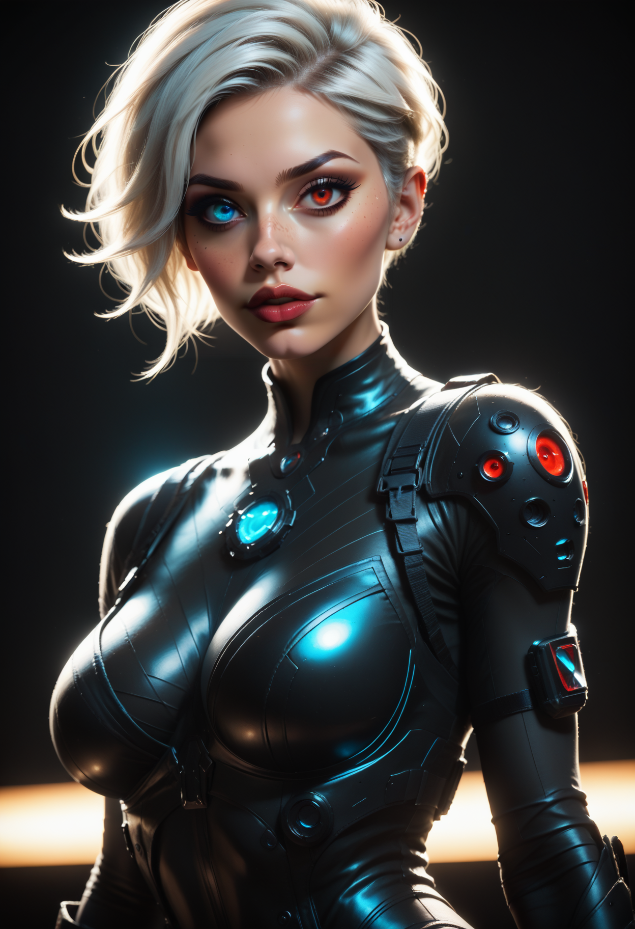 score_9, score_8_up, score_7_up, source_photo, realistic,
1girl, solo, 21yo, beautiful eyes, large lips, freckles, white hair, undercut, large breasts, skinny, toned, dark skin,
((black bodysuit, body armor, tactical gear, futuristic)),
(simple blurred background, depth of field), ((naughty expression, sexy pose, dynamic angle)),
erotic, elegant, sensual, seductive, bright colors, high contrast, dark background, vivid lighting,
zPDXL, <lora:Dark_Heterochromia_Pony_v0.2:0.5> heterochromia, red eyes, right eye red, blue eyes, left eye blue,