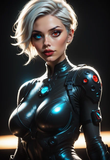 score_9, score_8_up, score_7_up, source_photo, realistic,
1girl, solo, 21yo, beautiful eyes, large lips, freckles, white hair, undercut, large breasts, skinny, toned, dark skin,
((black bodysuit, body armor, tactical gear, futuristic)),
(simple blurred background, depth of field), ((naughty expression, sexy pose, dynamic angle)),
erotic, elegant, sensual, seductive, bright colors, high contrast, dark background, vivid lighting,
zPDXL, <lora:Dark_Heterochromia_Pony_v0.2:0.5> heterochromia, red eyes, right eye red, blue eyes, left eye blue,