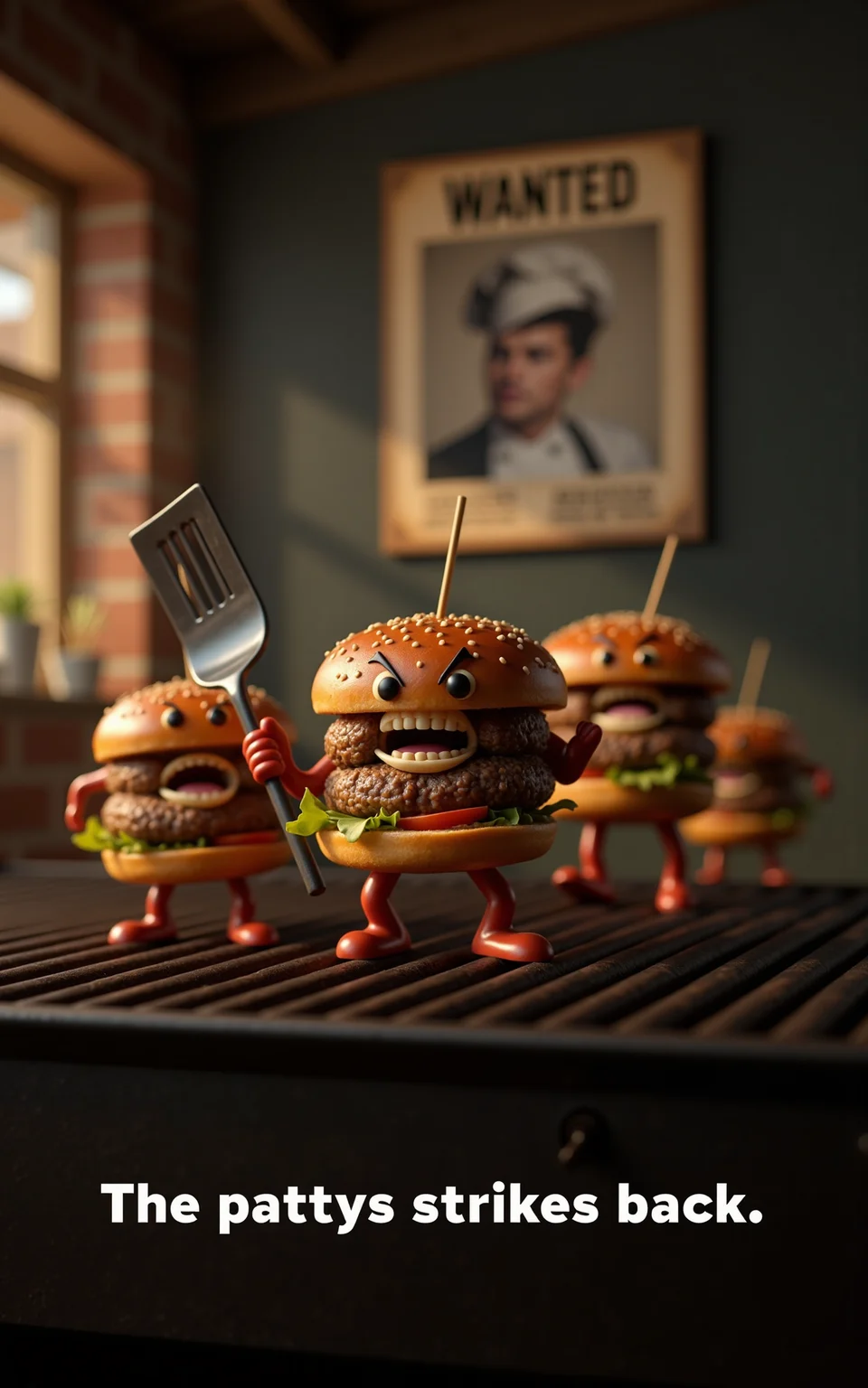 a group of burger pattys on a grill holding a spatula angrily and in agitation. In the background on the wall is a wanted poster with a chef on it. The text: "The pattys strikes back" is prominently shown on the bottom of the image,
highly detailed,ultra-high resolution,32K UHD,sharp focus,best-quality,masterpiece,unconventional supreme masterpiece,masterful details,depth of field,blurry background,blurry foreground,motion blur,going really fast masterpiece,deep focus,
color graded cinematic,atmospheric lighting,award film grain,A shot with tension,(Visual impact,giving the poster a dynamic and visually striking appearance:1.2),impactful picture,
ultra-realistic,high dynamic range,photoreal,epic realistic,dark shot,shadows,(This is a real high-definition photo:1.1),with professional photography and high resolution,
contrast,layered colors,vivid colors,contrast,offcial art,movie perspective,very aesthetic,disheveled hair,perfect composition,intricate details,moody,epic,photorealistic,
intricate details,soothing tones,high contrast,natural skin texture,soft light,sharp,masterpiece,best quality,(ray tracing),sunlight,insanely interplay between lights and shadows,