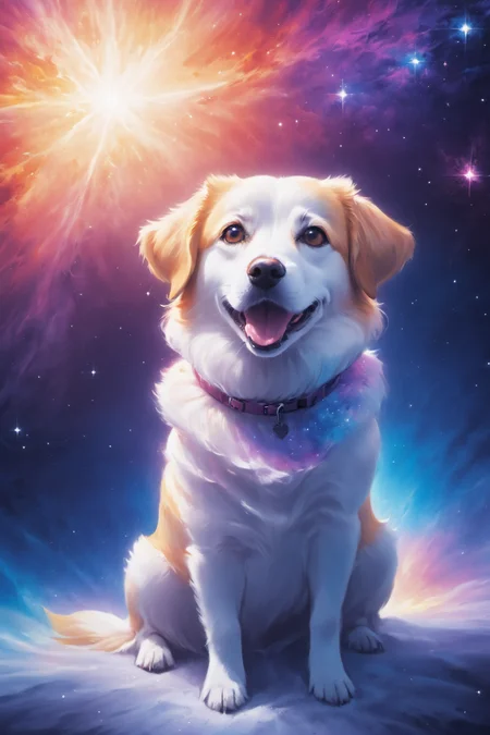 cosmic canvas, galaxy background, painting of a dog, <lora:Cosmic_Canvas_SDXL:1>