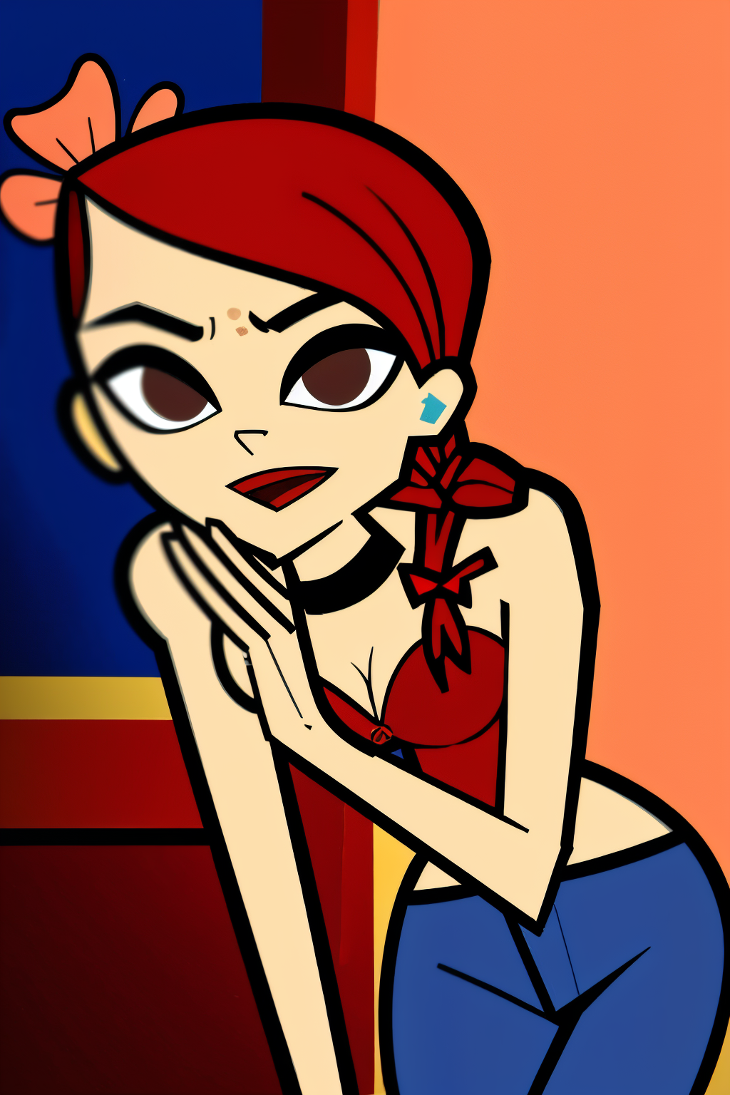 in the Bedroom, (Realistic:1.5) 1girl, solo, open mouth, cleavage, medium breasts, full body, red hair, hair flower, black choker, brown pupils, Button-up shirt with skinny jeans <lora:EdobZoeyTotalDrama_v1.0:0.8>