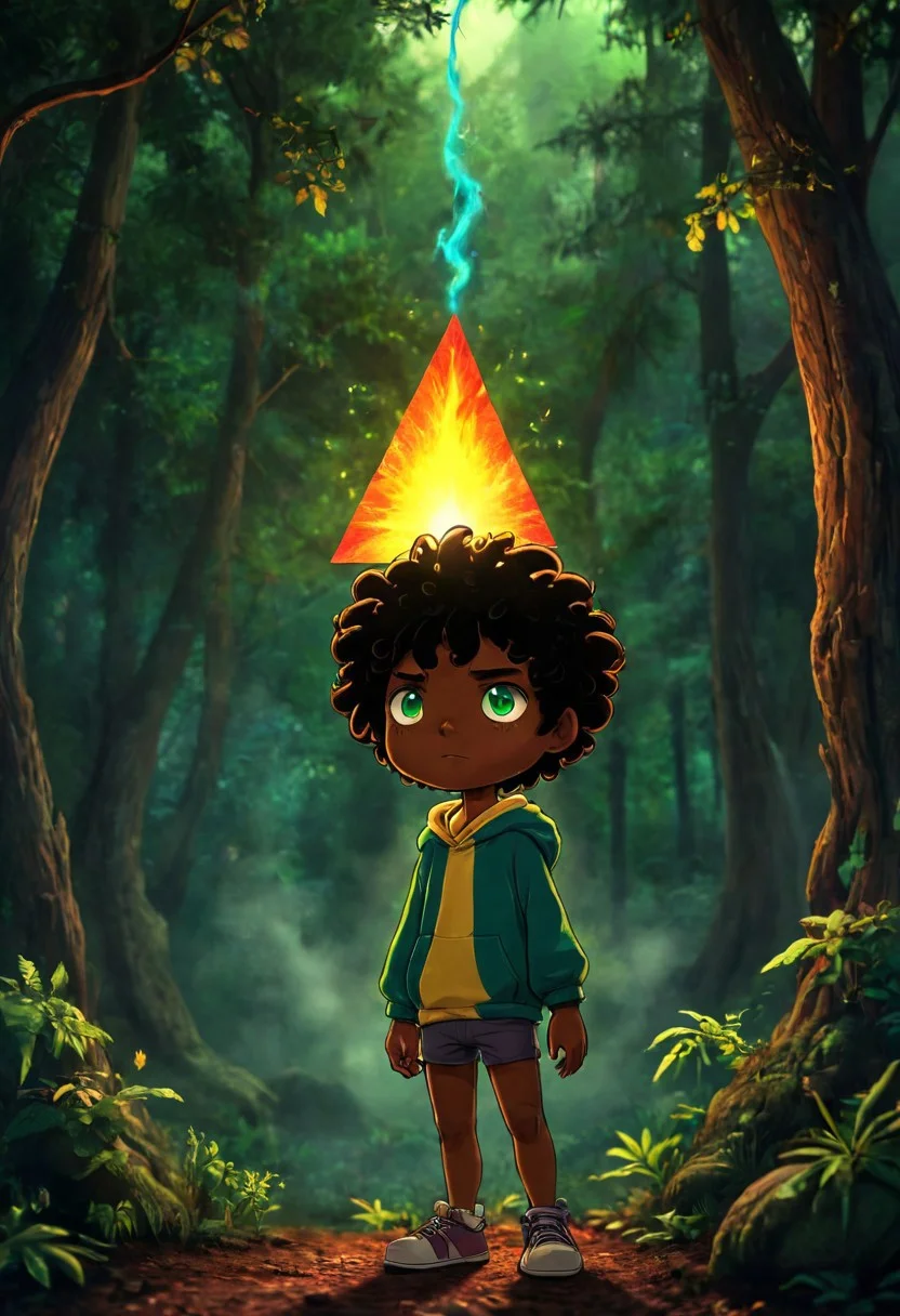 max (camp camp), dark fantasy theme, rainbow colored silhouette outline against a dark background,max (camp camp), 1boy, solo, human, male focus, curly black hair, curly tousled black hair, afro, dark skin, dark-skinned male, large eyes, round eyes, green eyes,small nose, triangular nose, pointed nose, beautiful forest horror, anime, magical fantasy, plasma pattern, dark lights
,epic, cinematic colors, masterpiece, detailmaximizer, midjourneyv6.1