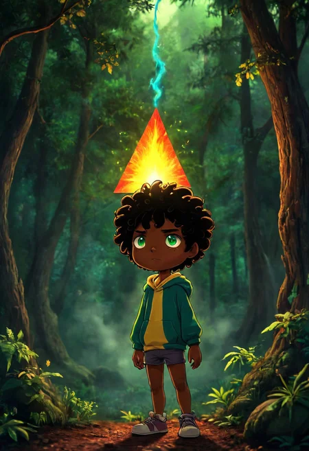 max (camp camp), dark fantasy theme, rainbow colored silhouette outline against a dark background,max (camp camp), 1boy, solo, human, male focus, curly black hair, curly tousled black hair, afro, dark skin, dark-skinned male, large eyes, round eyes, green eyes,small nose, triangular nose, pointed nose, beautiful forest horror, anime, magical fantasy, plasma pattern, dark lights
,epic, cinematic colors, masterpiece, detailmaximizer, midjourneyv6.1
