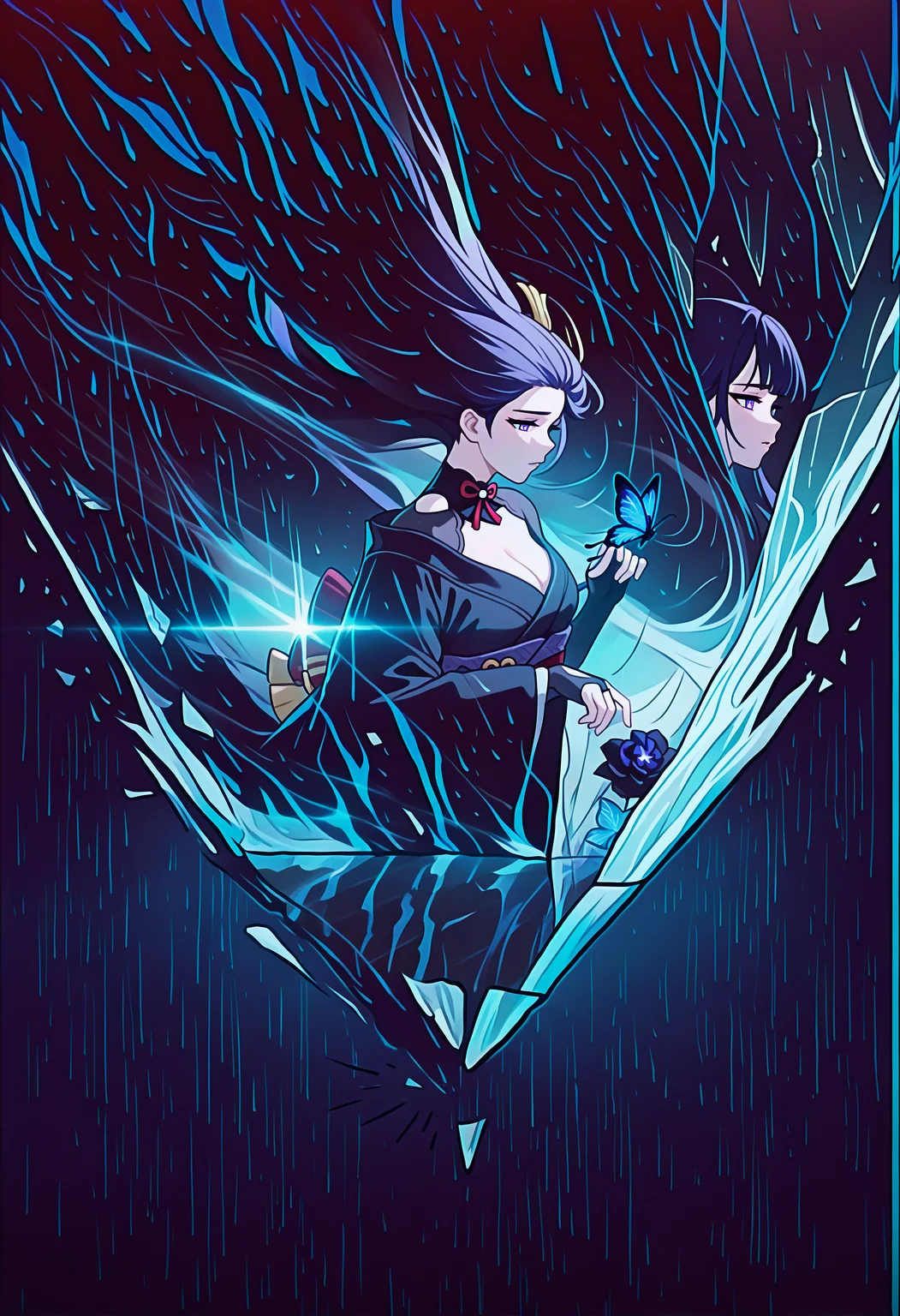 masterpiece, best quality, motiontrail, afterimage, motion trail, motion lines, motion blur,  <lora:MotionTrail_illusXL_Incrs_v1:1.3>, abstract, monochrome, spot color, blue and black theme, dark, sad, parted lips, floating hair, black kimono, bare shoulder, gothic, black rose, thistles and thorns, flora, black and thick liquid, fog, blue butterfly, underlighting, strong visual impact, film lighting, raiden shogun, butterfly on hand, multiple views, different reflection, (glass, breaking, shatter:1.2), reflection,