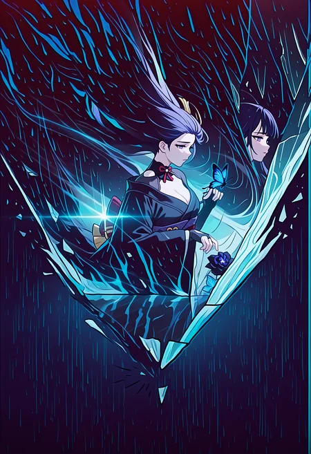 masterpiece, best quality, motiontrail, afterimage, motion trail, motion lines, motion blur, <lora:MotionTrail_illusXL_Incrs_v1:1.3>, abstract, monochrome, spot color, blue and black theme, dark, sad, parted lips, floating hair, black kimono, bare shoulder, gothic, black rose, thistles and thorns, flora, black and thick liquid, fog, blue butterfly, underlighting, strong visual impact, film lighting, raiden shogun, butterfly on hand, multiple views, different reflection, (glass, breaking, shatter:1.2), reflection,