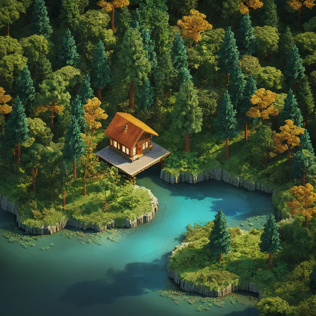 isometric style small cabin, forest, river, tilemapstyle, voxell, 3d \, (artwork\), scenery, <lora:TileMapStyle_v1:0.9> . vibrant, beautiful, crisp, detailed, ultra detailed, intricate