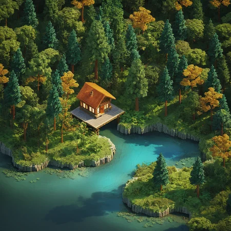 isometric style small cabin, forest, river, tilemapstyle, voxell, 3d \, (artwork\), scenery, <lora:TileMapStyle_v1:0.9> . vibrant, beautiful, crisp, detailed, ultra detailed, intricate