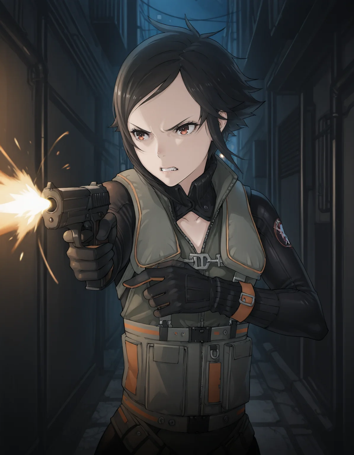 <lora:nagase-kei-shattered-illustrious-000015:0.9> n4g4s3ke1, gloves, pilot suit
1girl, solo, handgun, uzzle flash, clenched teeth, serious, alley, night, cinematic lighting, masterpiece, best quality