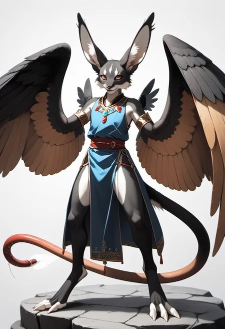 1person, Palagiri, anthro, feline features, feline nose, large ears, ((wings)), ((armless)), perfect wings,
3/4 view, perfect face, ((prehensile toes, long toes)), ((feathers-tipped tail, fanned tail-tip)),
digitigrade legs, pelvic curtain tunic,
Source: anime, score: 9, score: 8up,