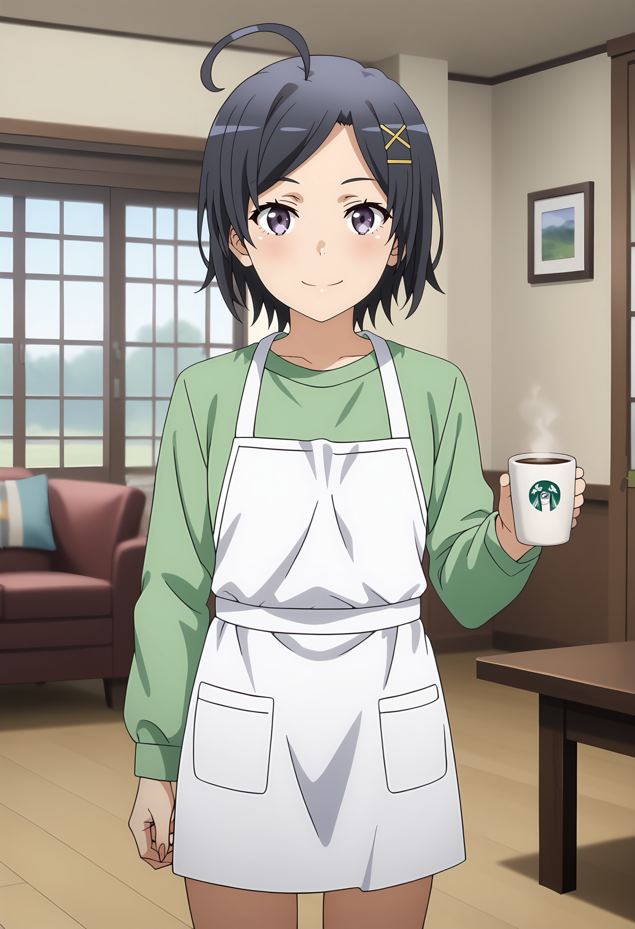 anime screencap,
<lora:YahariOreNoSeishunLoveComedy_HikigayaKomachiXL:0.9>,
1girl, solo, closed mouth, light smile, blush,
short hair, black hair, ahoge, parted bangs, x hair ornament, purple eyes,
KomachiHome, green shirt, long sleeves, white apron,
holding cup, coffee mug,
thigh gap, cowboy shot, standing, looking at viewer,
living room, indoors, blurry background