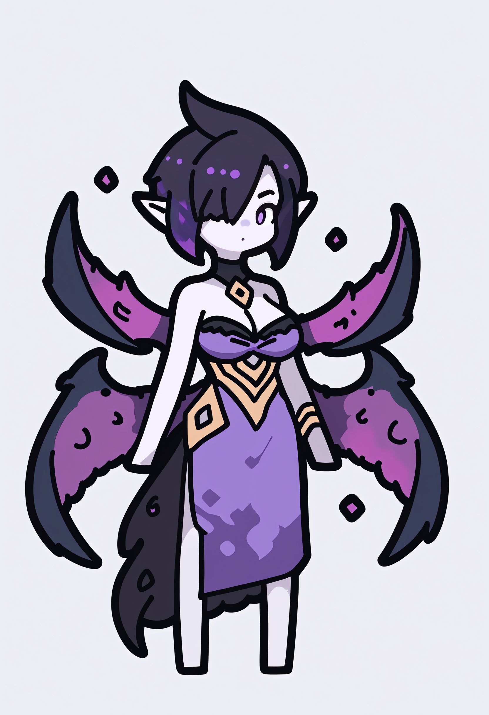 score_9, score_8_up, score_7_up, score_6_up, score_5_up, score_4_up, BREAK
1girl, chibi,
morgana, black hair, hair over one eye, short hair, purple eyes, pointy ears, grey skin,
bare shoulders, purple dress, cleavage, large breasts, wings,
standing, full body, solo, looking at viewer, simple background, white background <lora:RabbitAndSteelXLLocon:1>   <lora:MorganaXL:1>