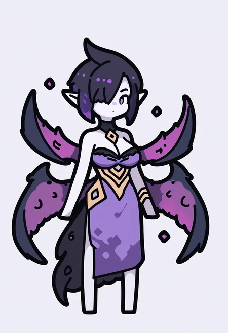 score_9, score_8_up, score_7_up, score_6_up, score_5_up, score_4_up, BREAK
1girl, chibi,
morgana, black hair, hair over one eye, short hair, purple eyes, pointy ears, grey skin,
bare shoulders, purple dress, cleavage, large breasts, wings,
standing, full body, solo, looking at viewer, simple background, white background <lora:RabbitAndSteelXLLocon:1> <lora:MorganaXL:1>