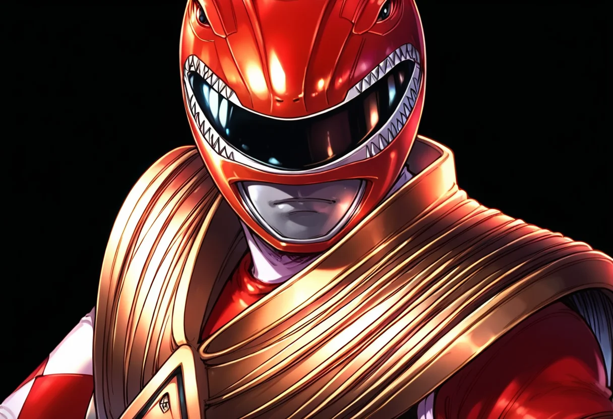 (score_9:0.9),score_8_up,score_7_up,anime style,rating_safe,<lora:Red Ranger ponyXL v3.1:0.97>,Red Ranger,1boy,male focus,solo,helmet,black background,armor,simple background,upper body,scarf,dragon shield,