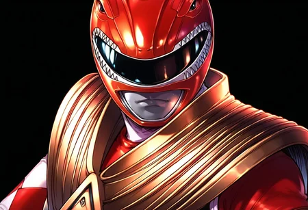(score_9:0.9),score_8_up,score_7_up,anime style,rating_safe,<lora:Red Ranger ponyXL v3.1:0.97>,Red Ranger,1boy,male focus,solo,helmet,black background,armor,simple background,upper body,scarf,dragon shield,