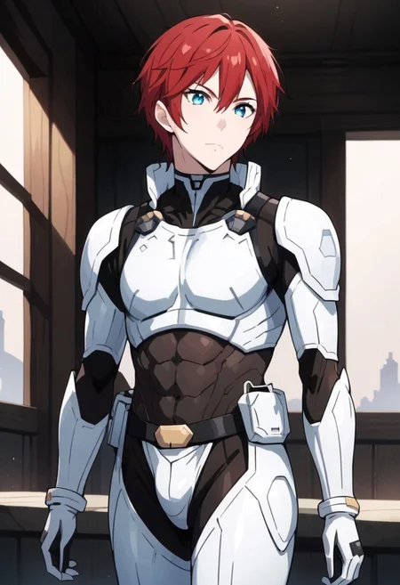 score_9, score_8_up, score_7_up,Expressiveh source_anime,BREAK,
1boy,male focus, solo,
reinhard, red hair, blue eyes, hair between eyes, BREAK,
full shot,front_view,
wears terraformarsmoviebodysuit, armored bodysuit, black bodysuit, white armor, boobplate, shoulder pads, wrist guards, black gloves, white gloves, utility belt, belt pouch, hip armor, crotch plate, thigh armor,
standing,
calm expression,