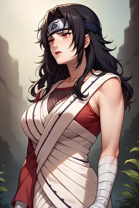 score_9, score_8_up, score_7_up, score_6_up, source_anime, 1girl, solo, <lora:kurenaiyuhi-pdxl-nvwls-v1-000005:1> kurenai, red eyes, black hair, long hair, forehead protector, lipstick, fishnet top, single sleeve, white dress, bandages, bandaged arm, profile, sad, tears in eyes, night sky, big breasts