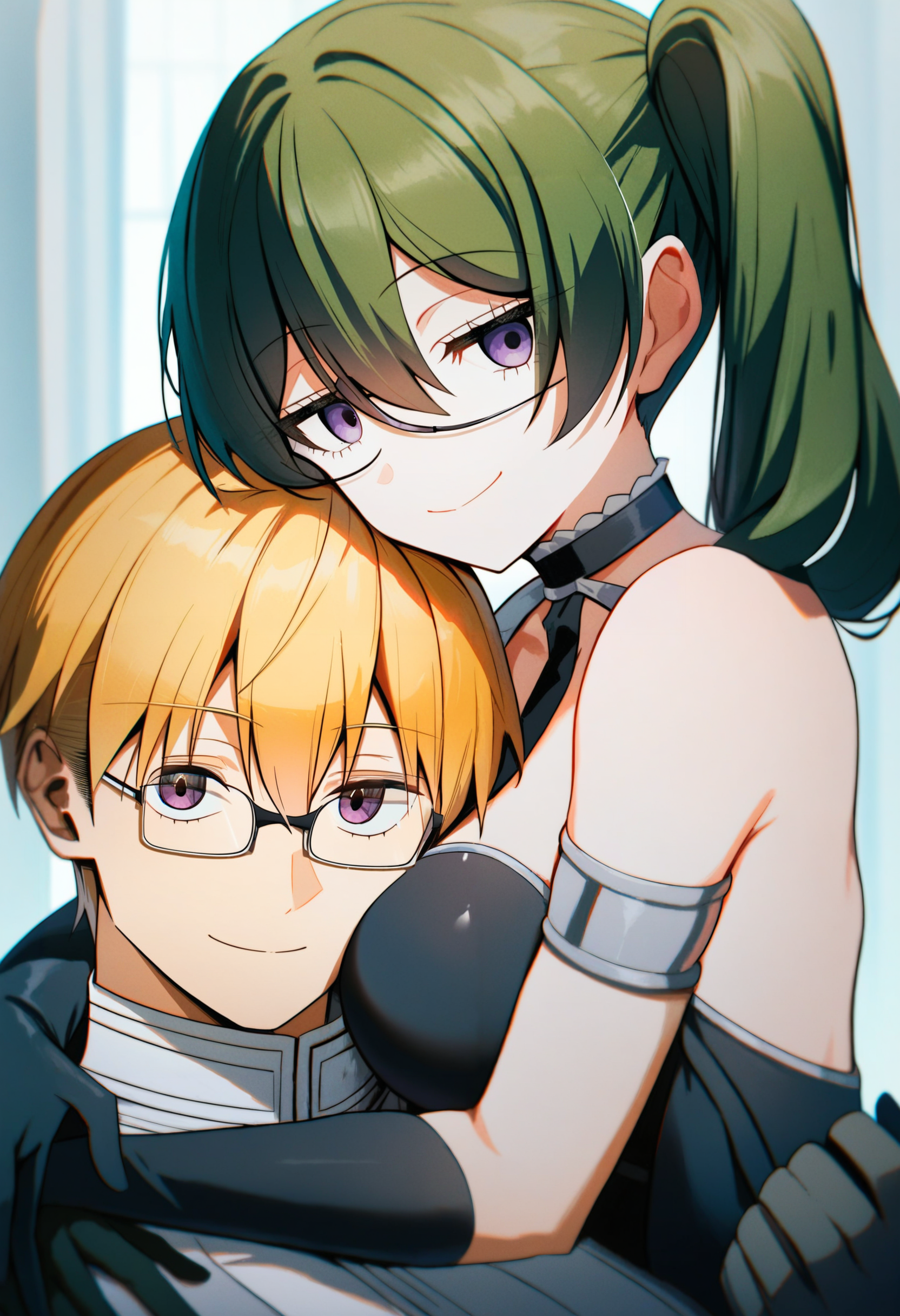 ubel \(sousou no frieren\), land \(sousou no frieren\), 1girl, 1boy, glasses, green hair, blonde hair, gloves, side ponytail, black dress, black gloves, dress, looking at viewer, hug, smile, breasts, closed mouth, bare shoulders, hair between eyes, long hair, upper body, medium breasts, shirt, sleeveless, purple eyes, black eyes, short hair, sleeveless dress, ,<lora:fantasy_superlora_v1:1> source_anime, score_9, score_8_up, score_7_up, score_6_up, absurdres, masterpiece, best quality, very aesthetic