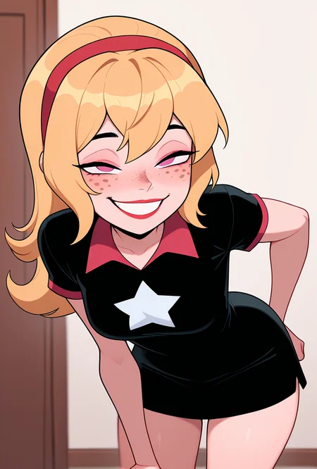 <lora:lucybig:1>, solo, lucybig, long hair, blonde hair, red hairband, pink eyes, lipstick, smile, short sleeves, star (symbol), short dress, black dress, freckles,  dynamic pose, leaning forward, teeth, big smile, biting nails, half closed eyes, masterpiece, best quality, amazing quality, very aesthetic, absurdres, newest,