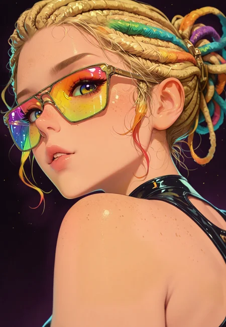 masterpiece, best quality, good quality, very aesthetic, absurdres, newest, 8K, depth of field, focused subject,
 close up,  stylized, wabi sabi, 1girl,  looking at viewer, dynamic angle, from below, from side, (relaxing:1.3), blonde dreadlocks,
parted lips, updo,  in gold and neon shades, (rainbow:1.1),
(freckles:1.1),
