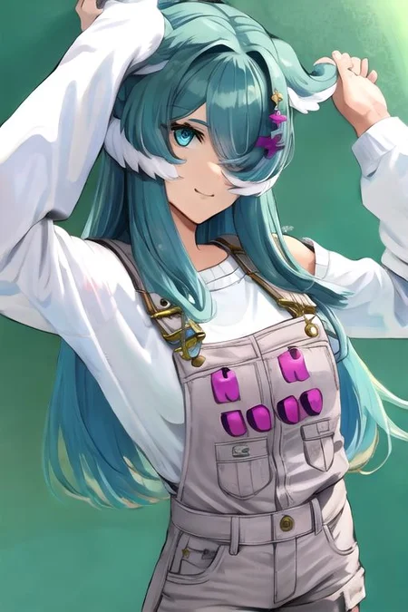 solo_focus, 1girl, (((masterpiece))), ((best quality)), ((ultra-detailed)), high resolution, absurdres, highres, ultra-detailed 8k unity wallpaper,
elira1st, long sleeves, overalls, white sweater, off shoulder, grey gloves, one eye covered, overall shorts,