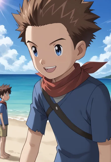 score_9, score_8_up, score_7_up, score_6_up, detailed, 2boys, intricate details, highres, absurdres ,source_anime, cowboy shot, male focus, BREAK
,takato matsuki, 1boy, brown hair, brown eyes, blue jacket, white shirt, smile, BREAK
ryo akiyama, brown hair, blue eyes, grey shirt, red neckerchief, shoulder armor, torn shirt, 1boy, open mouth, teeth, scarf, spiked hair, BREAK
beach, sunshine.