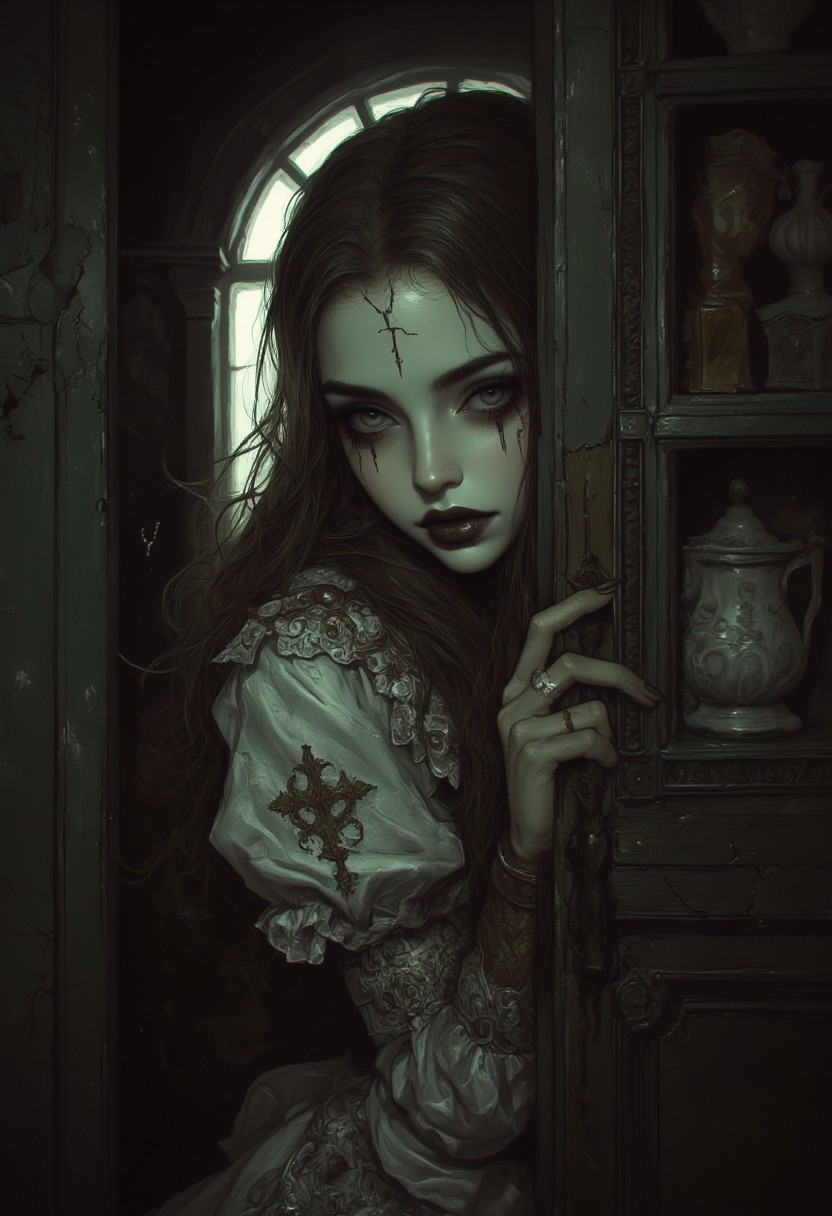 Create an intricately detailed, hyper-realistic head-and-shoulders portrait of an aging, cracked Victorian-era porcelain and paper-mâché doll. She is small in stature, no bigger than a small child and peers around the edge of a dark wooden doorway, her delicate porcelain fingers barely visible as they grip the frame. A deep, jagged crack splits her forehead, and her glossy black void-like eyes lock onto the viewer with a sinister, knowing grin. A cold, unnatural glow from behind silhouettes her figure, casting an eerie halo around her wild, dust-matted curls. Her once-elegant Victorian gown, adorned with tattered lace and intricate embroidery, clings to her fragile frame, the frayed edges barely catching the dim light. The peeling wallpaper behind her reveals darkened wood panels, their surfaces warped with time. Wisps of dust swirl in the air, illuminated by the unsettling backlight, as faint whispers seem to emanate from the shadowed hallway beyond. The air is thick with haunting elegance, a perfect balance of beauty and creeping dread as she lingers in the doorway, watching… waiting.