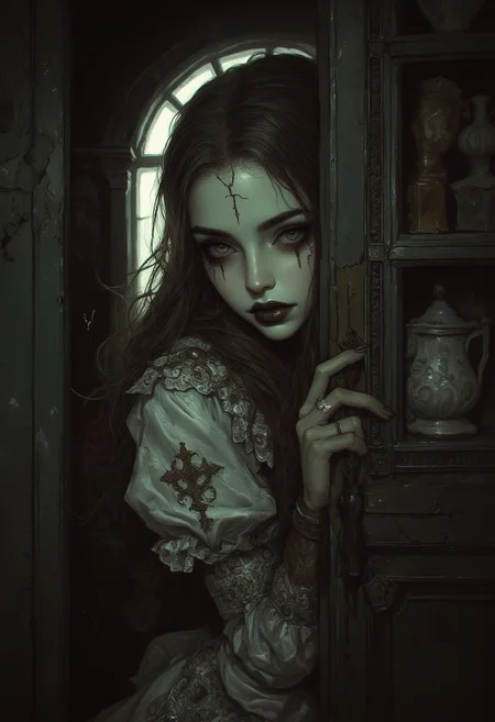Create an intricately detailed, hyper-realistic head-and-shoulders portrait of an aging, cracked Victorian-era porcelain and paper-mâché doll. She is small in stature, no bigger than a small child and peers around the edge of a dark wooden doorway, her delicate porcelain fingers barely visible as they grip the frame. A deep, jagged crack splits her forehead, and her glossy black void-like eyes lock onto the viewer with a sinister, knowing grin. A cold, unnatural glow from behind silhouettes her figure, casting an eerie halo around her wild, dust-matted curls. Her once-elegant Victorian gown, adorned with tattered lace and intricate embroidery, clings to her fragile frame, the frayed edges barely catching the dim light. The peeling wallpaper behind her reveals darkened wood panels, their surfaces warped with time. Wisps of dust swirl in the air, illuminated by the unsettling backlight, as faint whispers seem to emanate from the shadowed hallway beyond. The air is thick with haunting elegance, a perfect balance of beauty and creeping dread as she lingers in the doorway, watching… waiting.