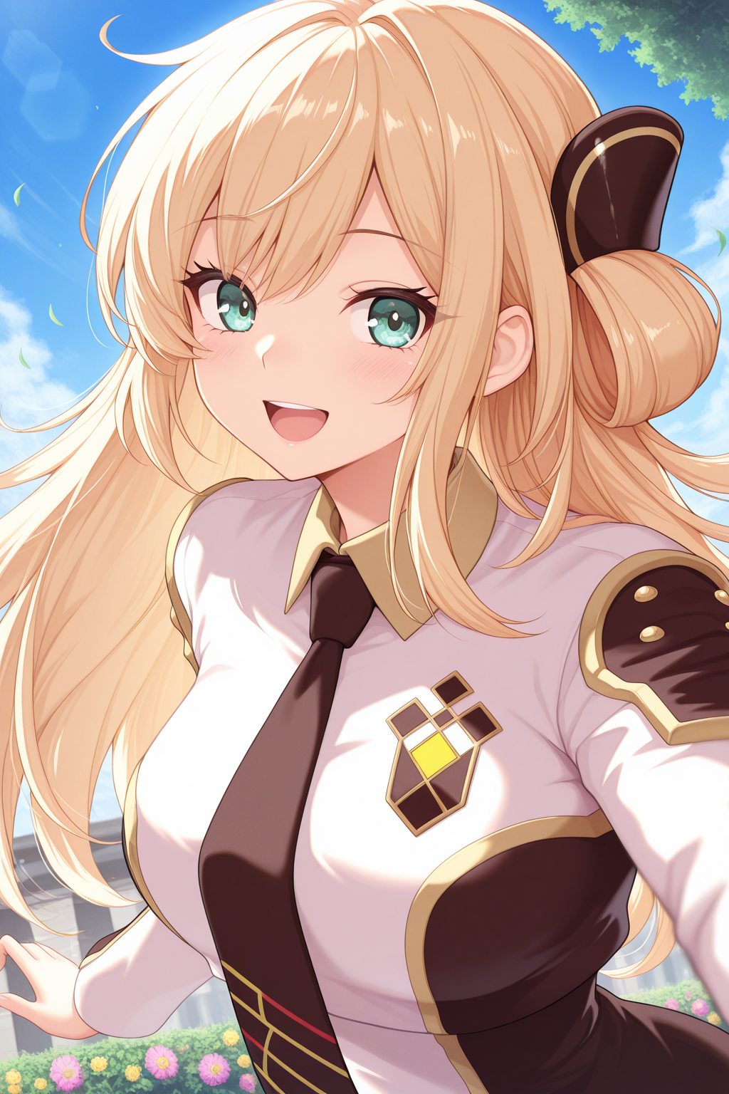 1girl, SkyStrikerAce-RayeYu-Gi-Oh, 
general, solo, perspective, dynamic angle, upper body,
long hair, blonde hair, eyelashes,
breasts,
hair ornament,
collared dress, black necktie, two-tone dress, 
long sleeves,
dating, looking at viewer, \:D,
spring, blue sky,
<lora:kp_SkyStrikerAce-RayeYu-Gi-OhIllustrious_v1_0:1.0>,
masterpiece, best quality, amazing quality