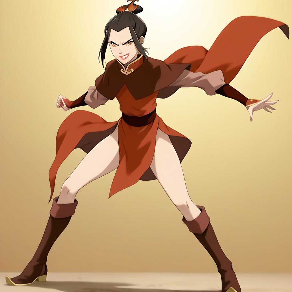 score_9, score_8_up, absurdres, best quality,  anime screencap, anime coloring ,<lora:azula1:1> , azula1, 1girl, looking at viewer, smile, black hair, long sleeves, standing, full body, azula \(avatar\), yellow eyes, boots, brown footwear, chinese clothes, single hair bun, fighting stance, topknot, capelet, fingernails, grin, lips, lipstick, makeup, short hair, sidelocks, uniform