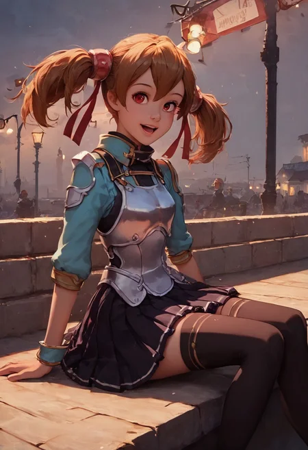 score_9, score_8_up, score_7_up, 1girl, silica, solo, skirt, brown hair, open mouth, red eyes, thighhighs, breastplate, twintails, white background, black skirt, pleated skirt, armor, smile, ribbon, skirt, thighhighs, breastplate, black skirt, pleated skirt, armor,, black thighhighs, rminiskirt, bus stop, public place nighttime vibrant lighting, street lights, high contrast, dramatic shadows, highly detailed, detailed skin, depth of field, tilted angle, moody lighting, exy pose,professional lighting, perfect quality, high quality, photorealistic, sitting, (((supermodel))),((goddess))