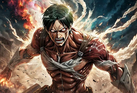 Eren Yeager, in his Titan form, tears through Marley's defenses. Buildings collapse, as his raw, emotional roars resonate with the very essence of the Attack Titan.
galaxy hair swirling around her, nebulae resembling battle smoke, stars like piercing weapons, (symbolism:1.3), bold colors, textured background, stylized like a tarot card