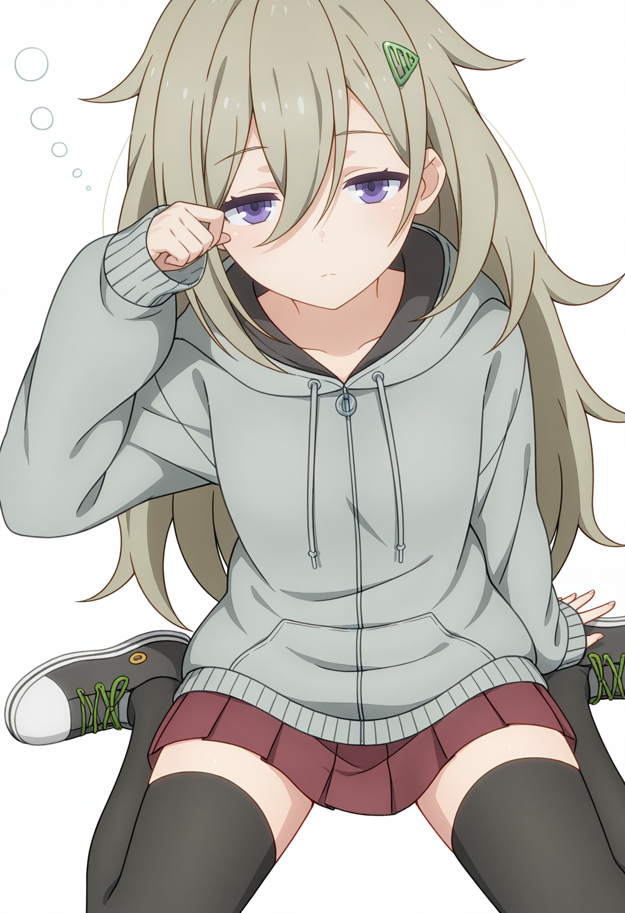 Tsutsuji HIGA,solo,thighhighs,skirt,full body,simple background,white background,hair ornament,looking at viewer,black thighhighs,shoes,red skirt,pleated skirt,sneakers,long sleeves,jacket,closed mouth,hood,sleeves past wrists,zettai ryouiki,brown hair,hood down,hoodie,
<lora:Tsutsuji HIGA_illustrious-000036:1>,long hair,wariza,sitting,expressionless,sleepy,arm up