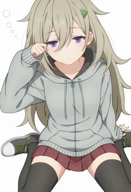 Tsutsuji HIGA,solo,thighhighs,skirt,full body,simple background,white background,hair ornament,looking at viewer,black thighhighs,shoes,red skirt,pleated skirt,sneakers,long sleeves,jacket,closed mouth,hood,sleeves past wrists,zettai ryouiki,brown hair,hood down,hoodie,
<lora:Tsutsuji HIGA_illustrious-000036:1>,long hair,wariza,sitting,expressionless,sleepy,arm up