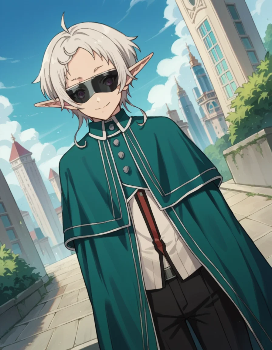 score_9, score_8_up, score_7_up, source_anime,
sylphy, <lora:sylphiette-s2-ponyxl-lora-nochekaiser:1>,
sylphy, short hair, ahoge, white hair, pointy ears, elf,
sunglasses, pants, capelet, black pants, cape,
outdoors, cityscape, smile,
looking at viewer, dutch angle, cowboy shot,