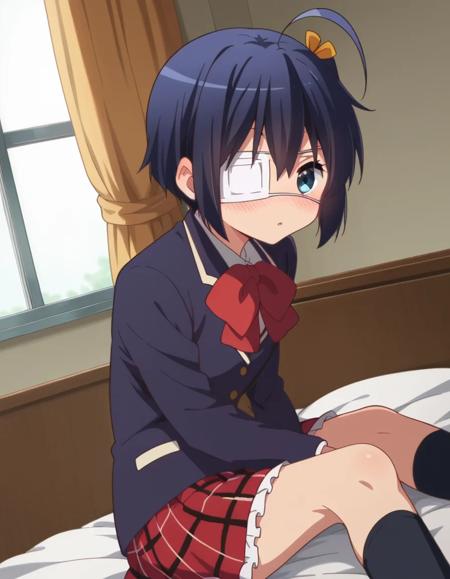 score_9, score_8_up, score_7_up, source_anime,
rikkatakanashi, <lora:rikka-takanashi-s2-ponyxl-lora-nochekaiser:1>,
rikka takanashi, short hair, blue eyes, black hair, ahoge, one side up, eyepatch, medical eyepatch,
skirt, school uniform, jacket, plaid, kneehighs, plaid skirt, blazer, icho private high school uniform,
indoors, bed, bed room, on side, blush, drunk,
looking at viewer, cowboy shot, dutch angle, solo,