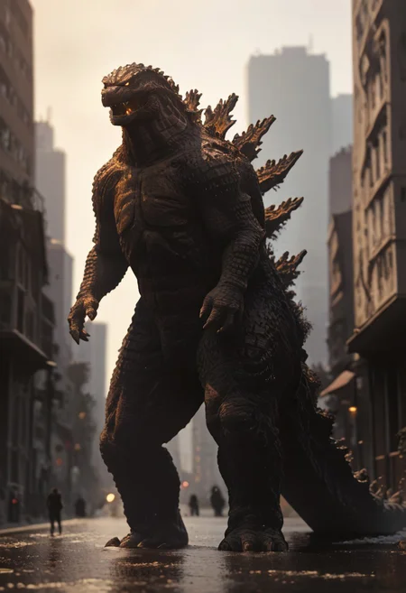 Score_9, score_8_up, score_7_up, score_6_up, zPDXL3, wide shot, monster focus, BREAK, realistic,hyperrealism,ornate,studio photograph, skinny Godzilla kaijuu,gigantic monster, model_buildinga, model_kit_(medium), city skyline, plastic buildings, forced perspective, blurry background, building, outdoors, glowing orange eyes,