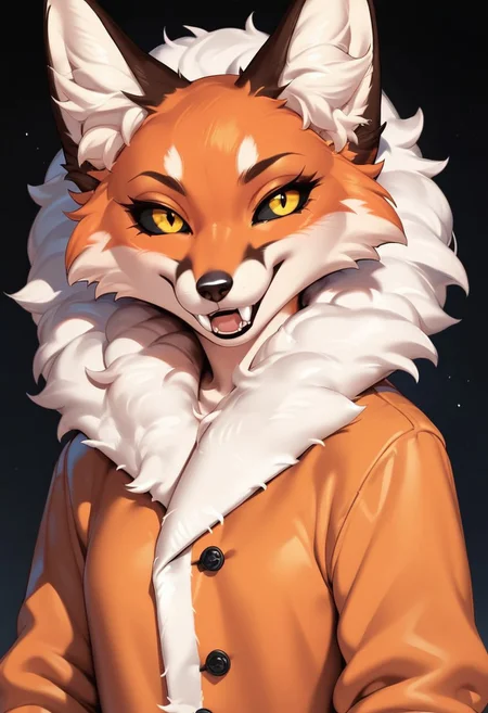 score_9, score_8_up, score_7_up, score_6_up, score_5_up, score_4_up, 1girl, fox ears, colored sclera, black sclera, yellow eyes, body fur, multicolored fur, orange fur, white fur, animal nose, fangs, orange coat, white fur trim, skirt, black paboobs