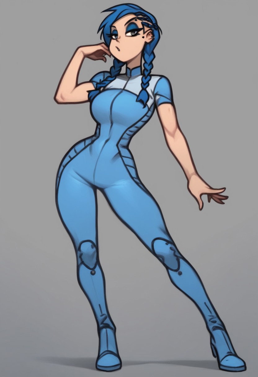 score_9, score_8_up, score_7_up, anna, 
solo,1girl ,breasts, braid, blue hair, long hair, braid,great shading,,open eyes, eyeshadow, blue eyeshadow,makeup,, eyebrow piercing, piercing, 
blue motosuit, 
standing pose, looking at viewer, full body
gray background,