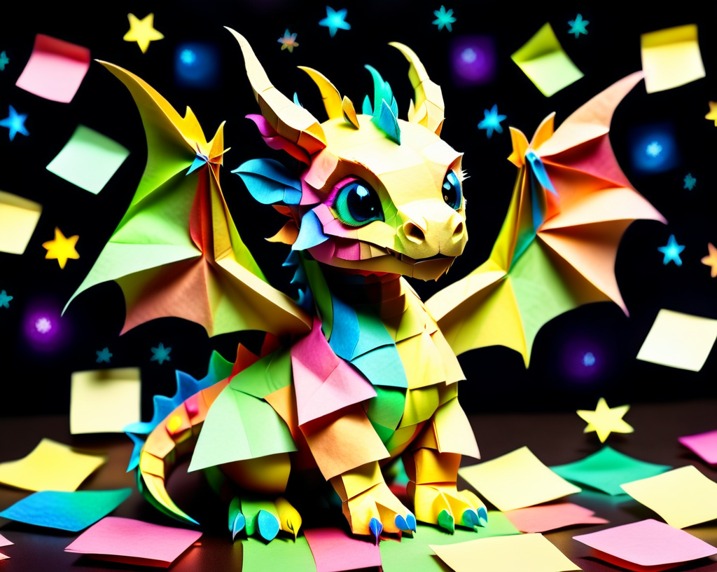 a small colorful cute baby dragon made out of Jed-StickyN, dynamic pose, dynamic angle, dark fantasy, intricate details, ultra wide shot, zoomed out,
<lora:StickyNotesStyle:1>,  <lora:add-detail-xl:0.7>,  <lora:sd_xl_dpo_lora_v1:1>, <lora:xl_more_art-full_v1:0.3>,  set against a  background of a starry sky,