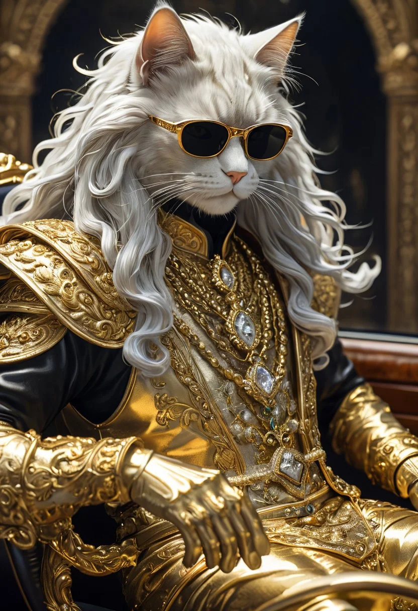 long hair cat man, A closeup of fantastical image of a cat man wear glasses and wears a gold-plate dress, black glasses, clad in flowing, flowing full gold-plate dress, wielding an jewellery ornate, ornate jewellery, Their face are filled with power and determination, as they wield the jewellery n a fluid, drives a gold-plate luxury car, hand holding the car steering wheel, gold car interior, gold car, side view, looking at viewer, dynamic motion,