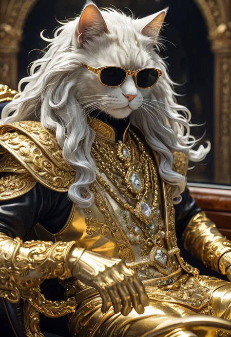 long hair cat man, A closeup of fantastical image of a cat man wear glasses and wears a gold-plate dress, black glasses, clad in flowing, flowing full gold-plate dress, wielding an jewellery ornate, ornate jewellery, Their face are filled with power and determination, as they wield the jewellery n a fluid, drives a gold-plate luxury car, hand holding the car steering wheel, gold car interior, gold car, side view, looking at viewer, dynamic motion,