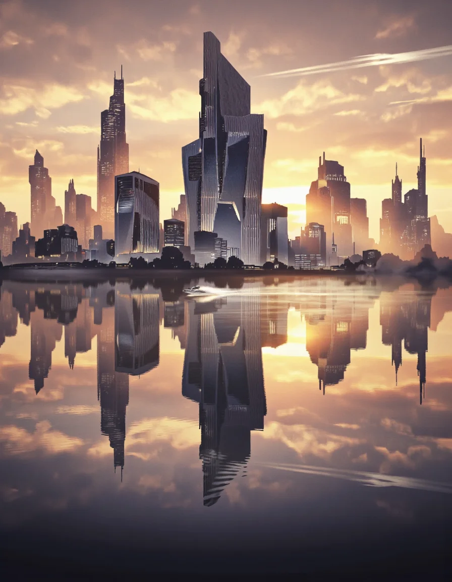 QuantumZ. A futuristic city skyline at sunset reflected in a calm lake. the image is a digital illustration of a futuristic cityscape with tall skyscrapers of various shapes and sizes, illuminated by the warm, orange and yellow hues of the setting sun. The buildings are reflected in the still waters of the lake, creating a striking contrast between the vibrant colors of the sky and the stillness of the water. in the foreground, a small boat can be seen speeding along the lake's surface, adding a sense of movement and energy to the scene. the cityscape is dominated by a tall, angular skyscraper in the center of the image, with the reflection of the surrounding buildings creating a mesmerizing effect on the water's surface. the sky is filled with a mix of vibrant oranges, pinks, and purples, with a few streaks of light reflecting off the buildings, creating an ethereal glow across the sky. the overall effect is one of awe and wonder at the beauty of the city skyline, making it a captivating sight to behold.