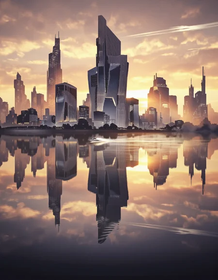 QuantumZ. A futuristic city skyline at sunset reflected in a calm lake. the image is a digital illustration of a futuristic cityscape with tall skyscrapers of various shapes and sizes, illuminated by the warm, orange and yellow hues of the setting sun. The buildings are reflected in the still waters of the lake, creating a striking contrast between the vibrant colors of the sky and the stillness of the water. in the foreground, a small boat can be seen speeding along the lake's surface, adding a sense of movement and energy to the scene. the cityscape is dominated by a tall, angular skyscraper in the center of the image, with the reflection of the surrounding buildings creating a mesmerizing effect on the water's surface. the sky is filled with a mix of vibrant oranges, pinks, and purples, with a few streaks of light reflecting off the buildings, creating an ethereal glow across the sky. the overall effect is one of awe and wonder at the beauty of the city skyline, making it a captivating sight to behold.