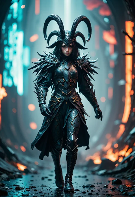 A photorealistic rendering of a female warrior with ram-like features, dressed in intricately designed armor, standing in a world where traditional craftsmanship meets futuristic digital landscapes, with a backdrop of glowing circuit lines and vibrant abstract forms. The warrior walking forward with one hand extended, as if reaching out towards the viewer, with their gaze intense and focused, while the background pulses with digital energy. Subtle textures on the ground or surface the female warrior stands on, with the light from the circuits and shapes casting faint reflections and adding depth to the scene Close-Up on the Warriorâs Face: A tight close-up shot focusing on the female warriorâs face, capturing the textures of their fur and armor, with the glowing background softly blurred to emphasize their expression. cinematic lighting, extremely intricate detail character, accurate depiction of character, correct body anatomy, correct hands and fingers, extremely intricate skin and facial skin texture detail, lifelike potrayal, extremely realistic lighting, extreme dynamic pose, extremely sharp background details, enhance background, detailsaidmaHyperrealism, dreamwave   <lora:FLUX - Hyper Realism ( aidmaHyperrealism ):0.4> <lora:FLUX - Sinfully_Stylish (Dramatic Lighting):0.7> <lora:FLUX - Dreamwave Abstract Style ( dreamwave ):0.7>