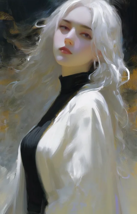 (Style by NTY:1.4), a woman, black shirt, white hair, intricate, dark, <lora:OilPaint:0.7>