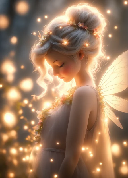 Fairy, HDR, ultra high-detail, centered, bokeh, lens flare, foggy dusk, bloom, light bloom, cinematic lighting, high dynamic range, depth of field, full pose