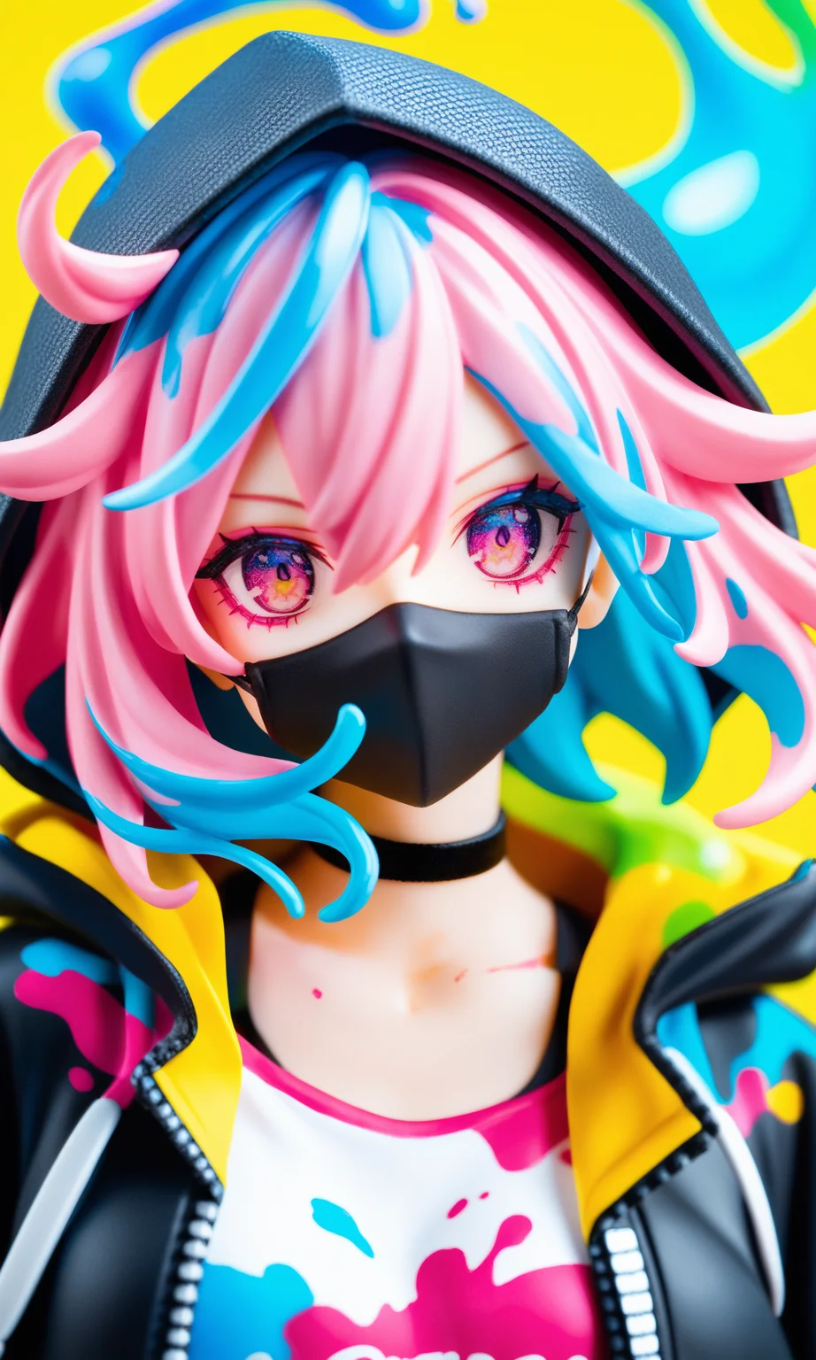score_9,score_8_up,score_7_up,source_anime,
solo,yellow background,choker,multicolored eyes,looking at viewer,1girl,black choker,portrait,multicolored hair,blue hair,pink hair,hood,halftone,short hair,pink eyes,liquid hair,covered mouth,paint splatter,floating hair,colorful,hair between eyes,makeup,hood down,