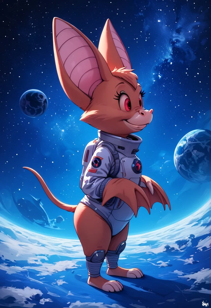 Score_9, score_8_up, score_7_up, highly detailed fur, score_6_up, Cartoon, detailed background, 4k, ultra detailed, hi_res, full body view, 1girl, Foxglove bat, bat girl, anthro bat, bat tail, 4 toes on each foot, detailed face, red sclera, highly detailed, one tail, smile, big eyes, 3/4 side view, wearing space suit, (outer space background:1,4)