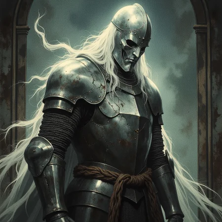 A ghostly figure in ancient armor hovers in a dimly lit room, The armor, tarnished and weathered with time, clings to the ghostly figure, with cracks and gaps revealing the misty, swirling essence within. The ghost eyes peer out from beneath a dented helmet. Long, tattered remnants of a cloak drift weightlessly behind it as if caught in a perpetual wind. The armor's metal clinks faintly, echoing in the silence, while the ghost hovers silently, its presence both haunting and regal in the desolate space, cowboy shot