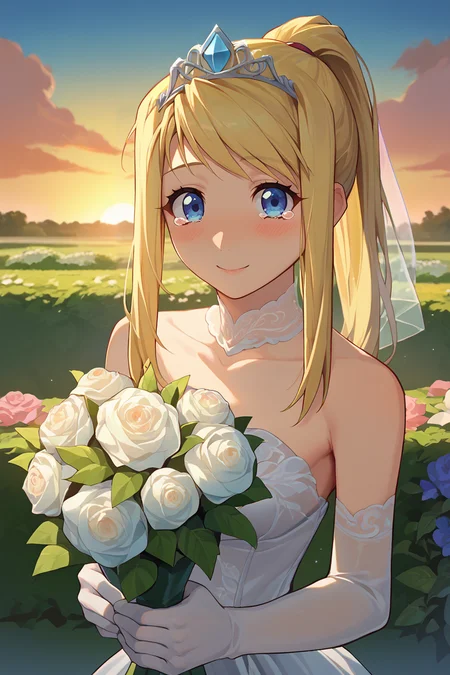 score_9, score_8_up, score_7_up, score_6_up, source_anime BREAK 1girl, solo  <lora:winry-pdxl-nvwls-v1-000006:1> winry rockbell, blonde hair, ponytail, wedding veil, see-through, tiara, wedding dress, elbow gloves, blush, happy, holding bouquet, tears in eyes, sunset, garden, blue sky, close-up, looking at you
